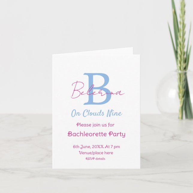 Invitation bleu rose sur nuages neuf monogramme enterrement d (Devant)