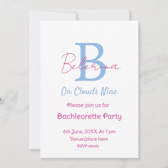 Invitation bleu rose sur nuages neuf monogramme enterrement d (Devant)