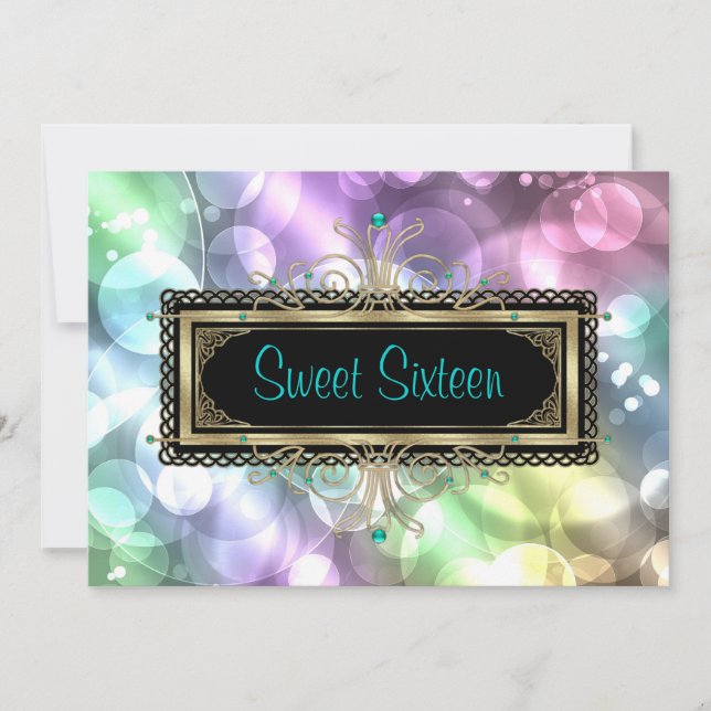 Invitation Bleu rose Turquoise Bulles Sweet sixteen Anniversa (Devant)