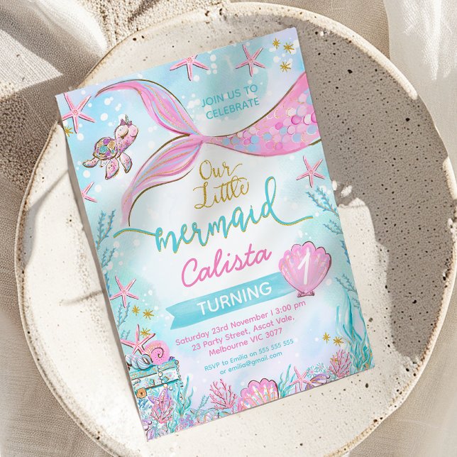 Invitation Bleu rose Whimsical Notre Petite Sirène Anniversai (Our Little Mermaid 1st Birthday Invitation, Editable Mermaid Birthday Party Invitation Instant)