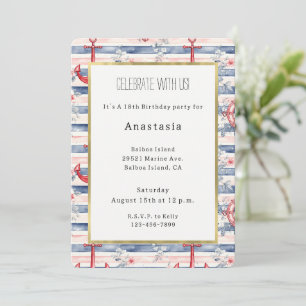 Invitation Bleu Rouge Ancres Floral Bandes Plage Anniversaire