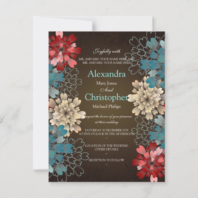 Invitation Bleu rouge et crème Fleurs Rétro Mariage S2 (Devant)