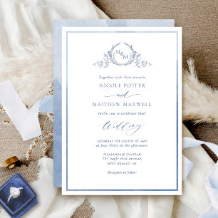 Invitation Bleu roux, Aquarelle Élégante Mariage Monogramme