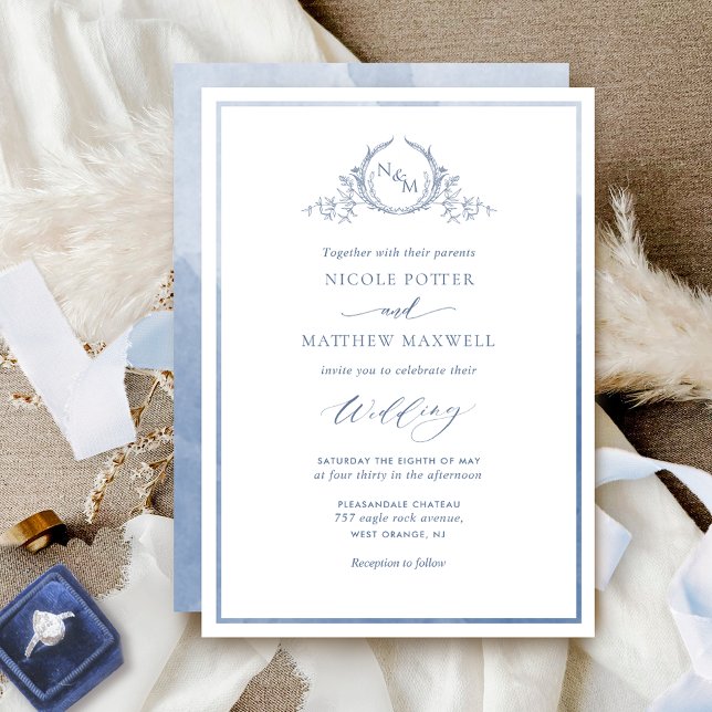 Invitation Bleu roux, Aquarelle Élégante Mariage Monogramme (Créateur téléchargé)