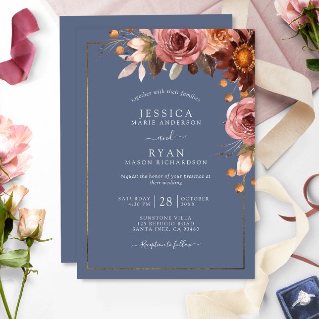 Invitation Bleu roux, Mariage floral Bourgogne (Créateur téléchargé)