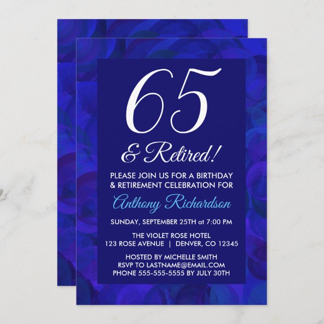 Invitation Bleu Royal 65 et Fête de Retraite de Retraité (Devant / Derrière)
