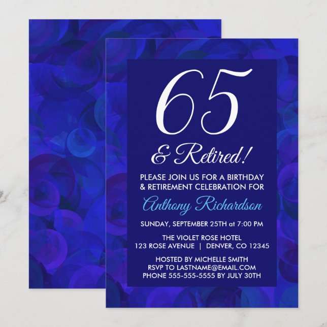 Invitation Bleu Royal 65 et Fête de Retraite Retraité (Devant / Derrière)