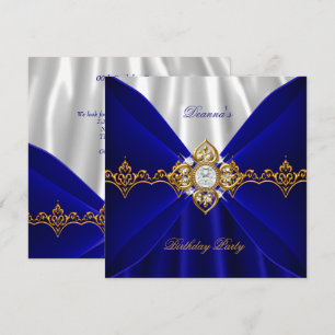 Invitation Bleu Royal Anniversaire Or Bijou Blanc Soie 2