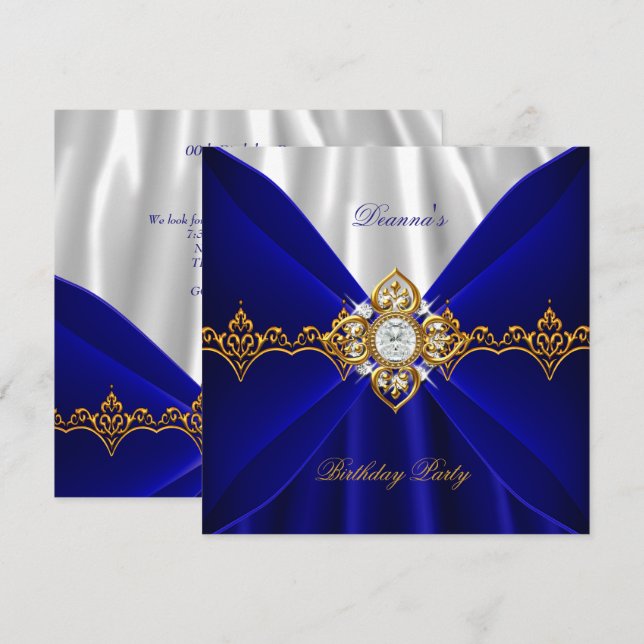 Invitation Bleu Royal Anniversaire Or Bijou Blanc Soie 2 (Devant / Derrière)