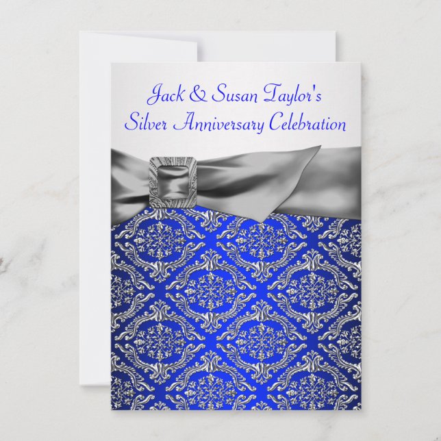 Invitation Bleu Royal Argent Damassé Argent 25e Anniversaire (Devant)