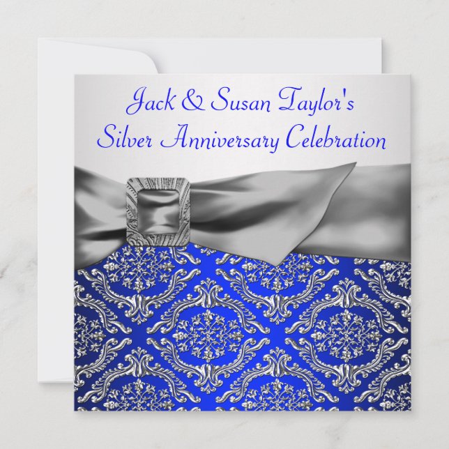 Invitation Bleu Royal Argent Damassé Argent 25e Anniversaire (Devant)