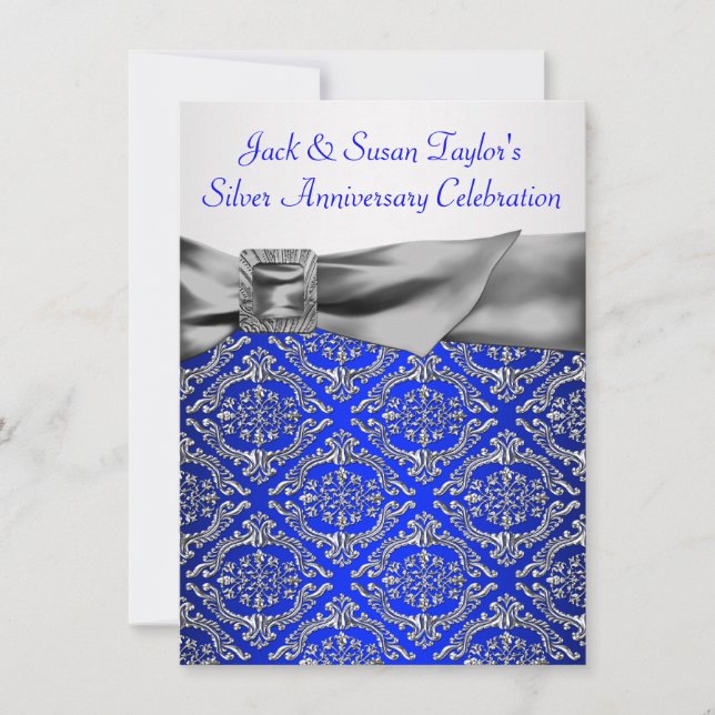 Invitation Bleu Royal Argent Damassé Argent 25e Anniversaire (Devant)