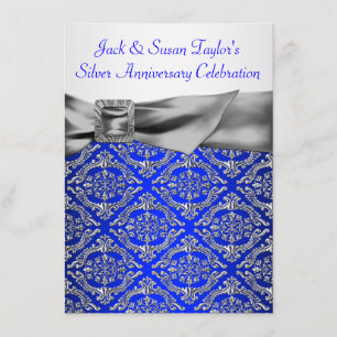Invitation Bleu Royal Argent Damassé Argent 25e Anniversaire