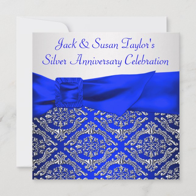 Invitation Bleu Royal Argent Damassé Argent 25e Anniversaire (Devant)