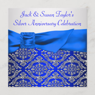 Invitation Bleu Royal Argent Damassé Argent 25e Anniversaire
