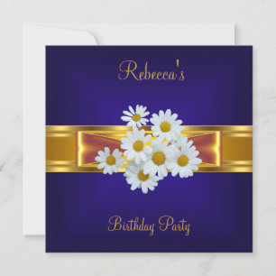Invitation Bleu Royal Blanc Fleur Jaune Ruban Or Coloré