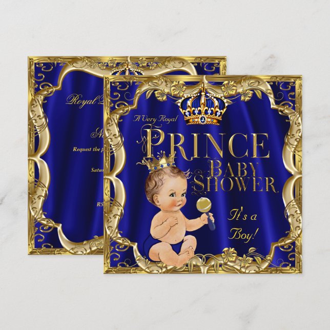 Invitation Bleu Royal Couronne Dorée Prince Bébé Shower Brune (Devant / Derrière)
