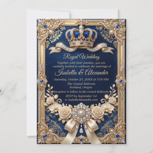 Invitation Bleu Royal Couronne Perle Luxe Élégant (Devant)