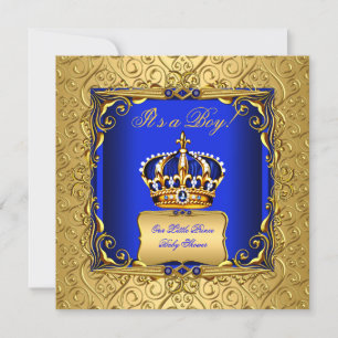 Invitation Bleu Royal Damassé Couronne Dorée Baby Shower Garç
