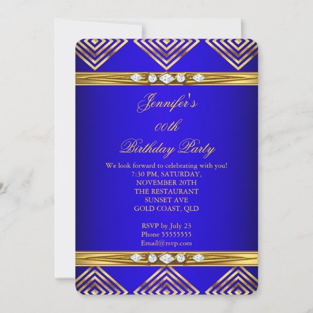 Invitation Bleu Royal Décoration Rayure Or Diamant Fête (Devant)