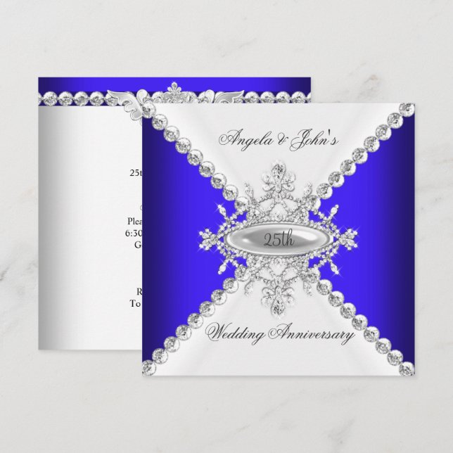 Invitation Bleu Royal Élégant Blanc 25e Anniversaire de Maria (Devant / Derrière)