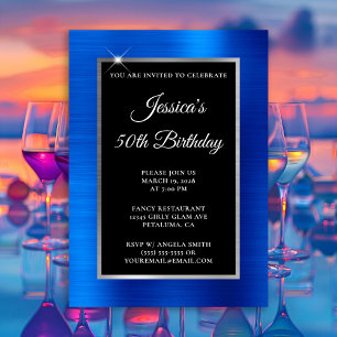Invitation Bleu Royal et Argent Feuille Noir 50e Anniversaire