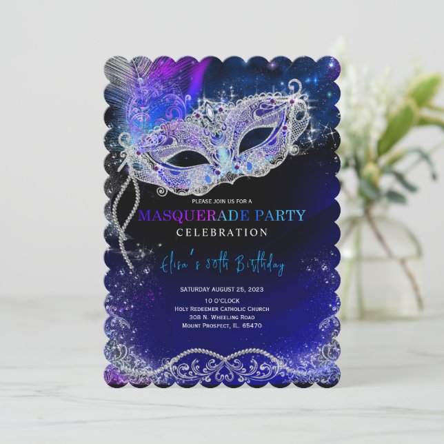 Invitation Bleu Royal et Argent pour Soirée Masquée (Debout devant)