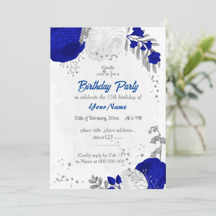Invitation bleu royal et fleurs blanches argent
