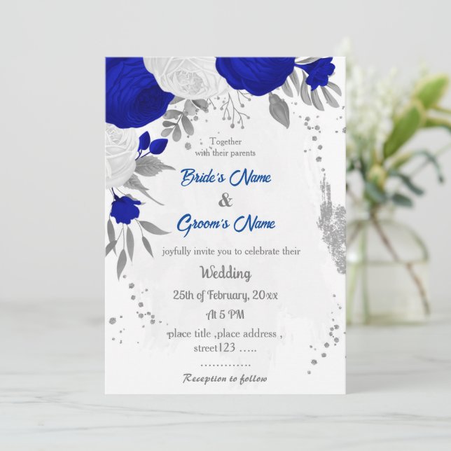 Invitation bleu royal et fleurs blanches argent mariage botan (Debout devant)
