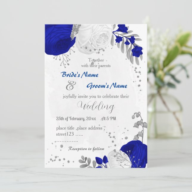 Invitation bleu royal et fleurs blanches argent mariage botan (Debout devant)