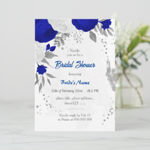 Invitation bleu royal et fleurs blanches argentées douche nup