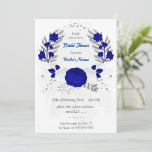 Invitation bleu royal et fleurs blanches argentées douche nup