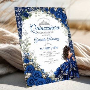 Invitation Bleu Royal et Nuit Quinceañera Papillons Argentés