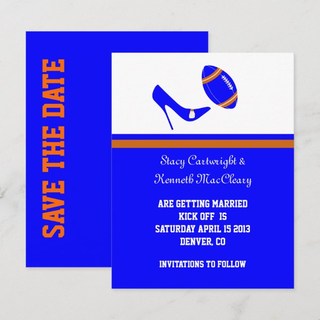 Invitation Bleu Royal et Orange Football Enregistrer la Date (Devant / Derrière)