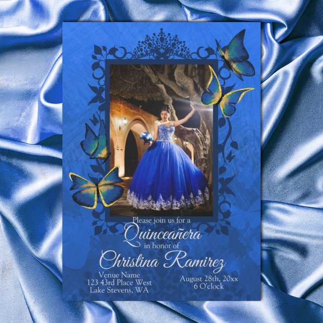 Invitation Bleu royal fantaisie, Quinceanera papillon or (fancy blue and gold quinceanera invitation, royal blue dress photo mis quince, gold butterflies)