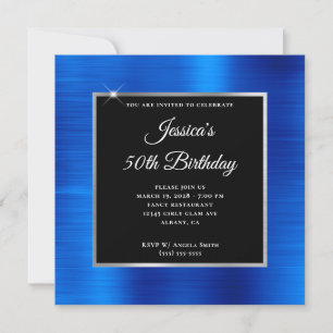Invitation Bleu Royal Feuille d'Argent et Noir 50e Anniversai