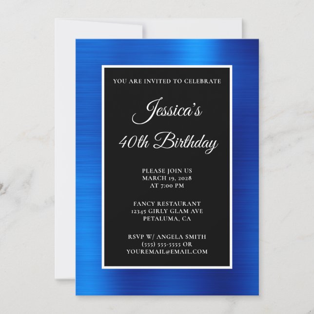 Invitation Bleu Royal Feuille Noir et Blanc 40e Anniversaire (Devant)