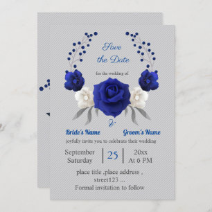 Invitation bleu royal fleurs blanches argent enregistrer la d