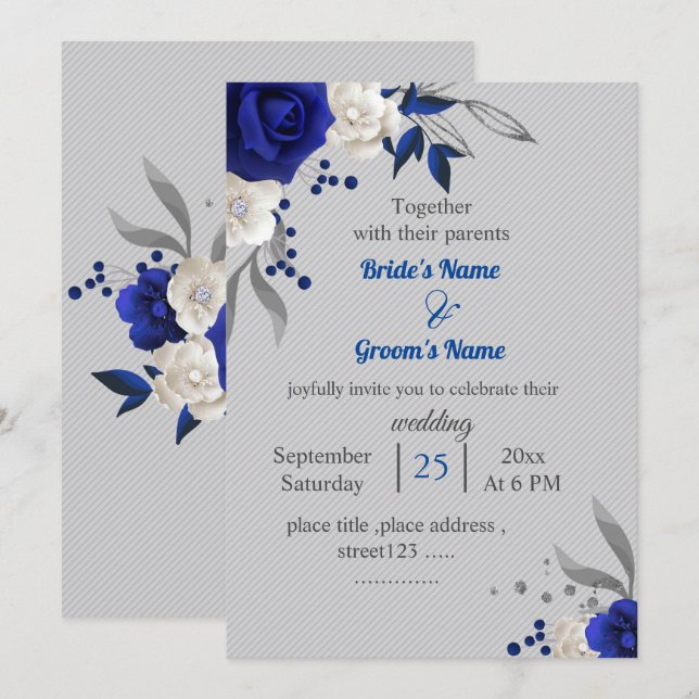 Invitation bleu royal fleurs blanches feuille gris mariage (Devant / Derrière)