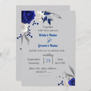 Invitation bleu royal fleurs blanches feuille gris mariage
