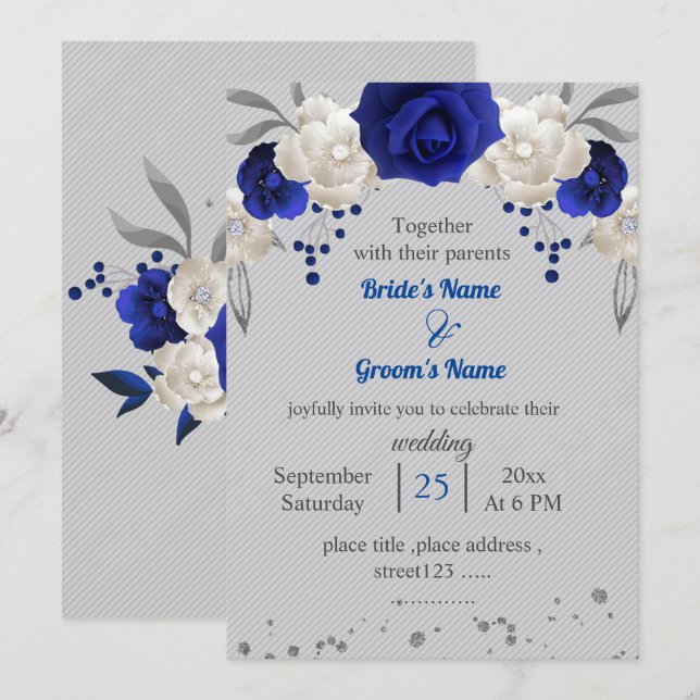 Invitation bleu royal fleurs blanches feuille gris mariage (Devant / Derrière)