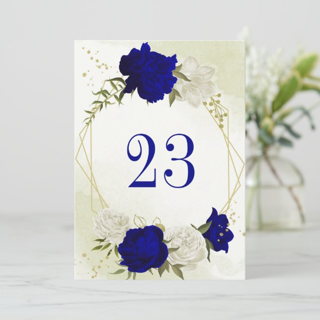 Invitation bleu royal fleurs blanches feuilles vertes numéro  (Debout devant)