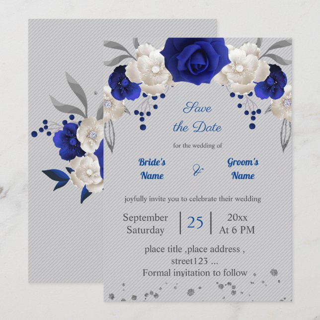Invitation bleu royal fleurs blanches gris feuilles enregistr (Devant / Derrière)