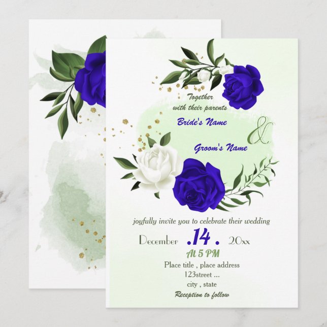 Invitation bleu royal fleurs blanches mariage (Devant / Derrière)