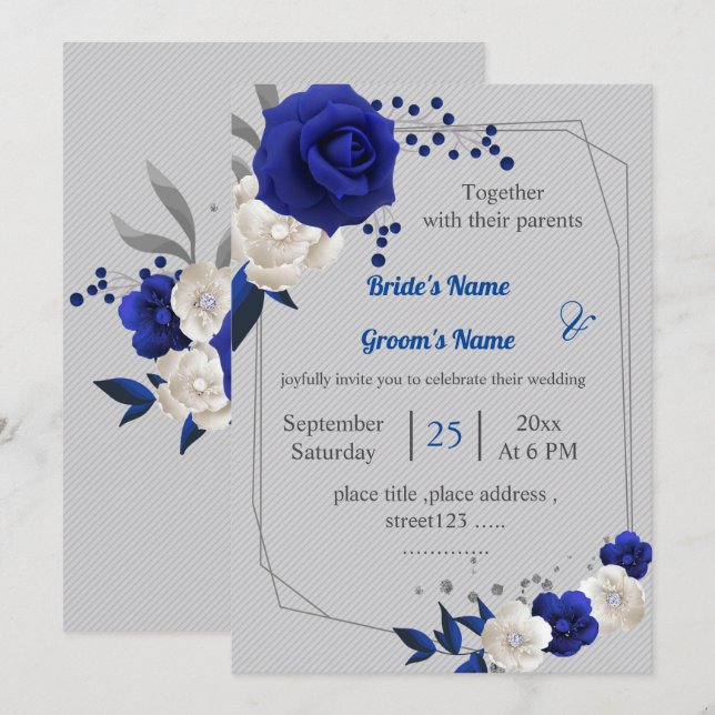 Invitation bleu royal fleurs blanches mariage géométrique (Devant / Derrière)