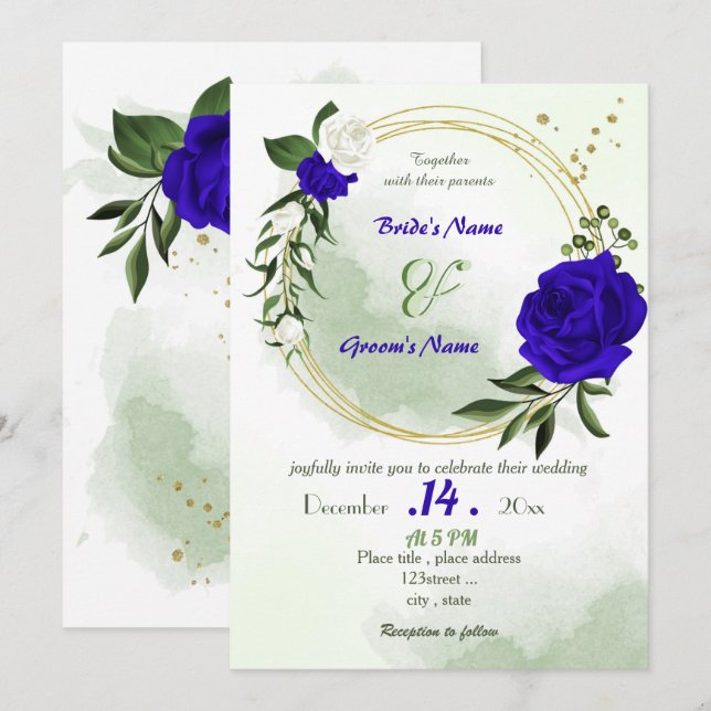 Invitation bleu royal fleurs blanches or mariage (Devant / Derrière)