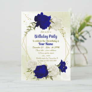 Invitation bleu royal fleurs blanches verdure anniversaire