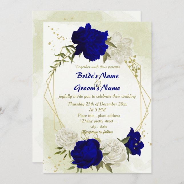 Invitation bleu royal fleurs blanches vert feuille mariage (Devant / Derrière)