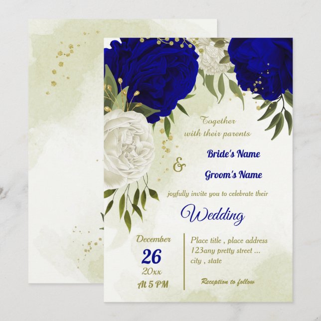 Invitation bleu royal fleurs blanches vert feuille mariage (Devant / Derrière)