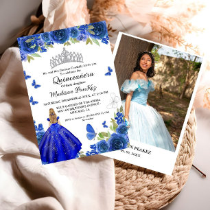 Invitation Bleu Royal Floral Butterfly Quinceanera